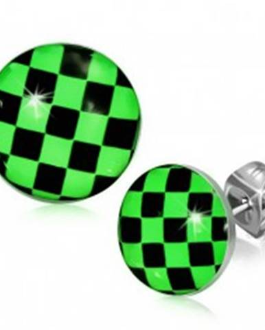 Náušnice z ocele, zeleno-čierna šachovnica