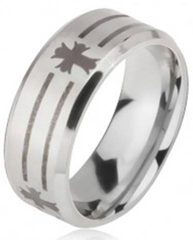 Matný oceľový prsteň - obrúčka striebornej farby, potlač pásov a kríža - Veľkosť: 52 mm
