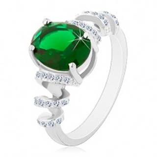 Zásnubný ródiovaný prsteň, striebro 925, oválny zelený zirkón, ligotavé špirály - Veľkosť: 49 mm