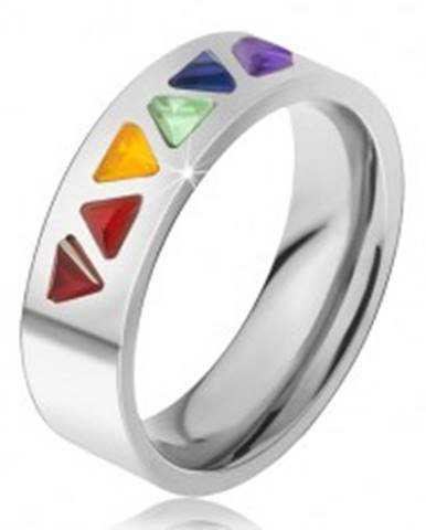 Lesklý prsteň z ocele, farebné trojuholníkové kamienky - Veľkosť: 49 mm