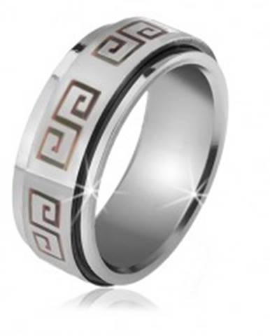 Lesklý prsteň z ocele - matná točiaca sa obruč, sivý grécky kľúč - Veľkosť: 56 mm