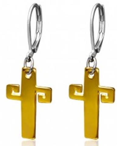 Oceľové náušnice zlatej farby, kríž s gréckym kľúčom