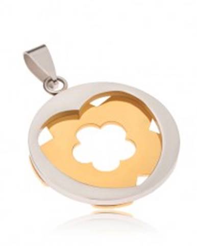 Oceľový prívesok - kruh striebornej farby so srdcovým výrezom, kvet zlatej farby