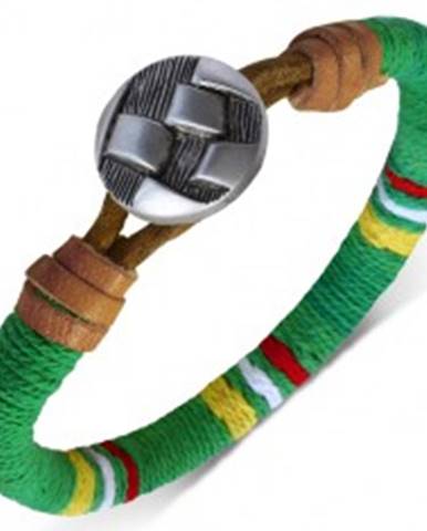 Oblý náramok omotaný zelenou šnúrkou, farebné pásy, gombík