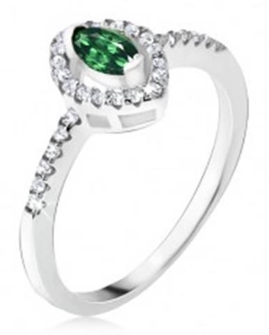 Strieborný prsteň 925 - elipsovitý zelený kamienok, zirkónová kontúra - Veľkosť: 48 mm