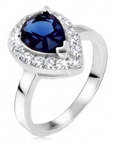 Strieborný prsteň 925, modrý slzičkový kameň so zirkónovým lemom - Veľkosť: 49 mm