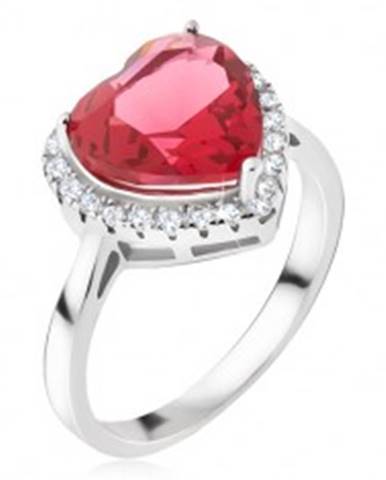 Strieborný prsteň 925 - veľký červený srdcový kameň, zirkónový lem - Veľkosť: 48 mm