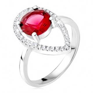 Strieborný prsteň 925 - okrúhly červený kameň, slzičková kontúra zo zirkónov - Veľkosť: 50 mm