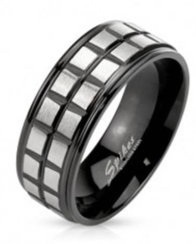 Čierny oceľový prsteň, dve línie z matných štvorcov striebornej farby - Veľkosť: 60 mm