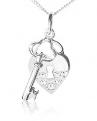 Náhrdelník striebro 925, retiazka, srdcová zámka a kľúč, číre kamienky