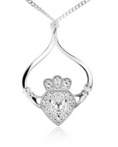 Strieborný náhrdelník 925, retiazka, srdce, korunka, ruky, číre zirkóny