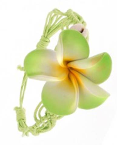 Svetlozelený pletený šnúrkový náramok s kvetom, dve lastúry