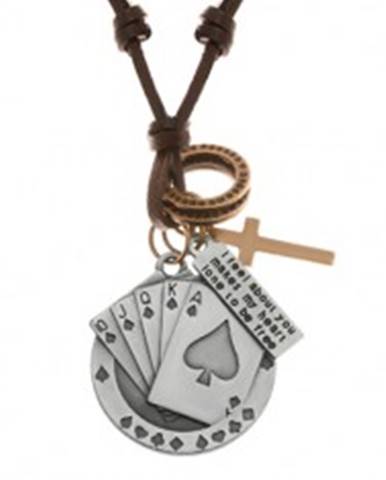 Nastaviteľný kožený náhrdelník, prívesky - piková postupka, kríž, známka