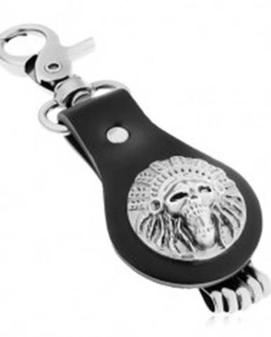 Patinovaný prívesok na kľúče, lebka s indiánskou čelenkou, čierna koža
