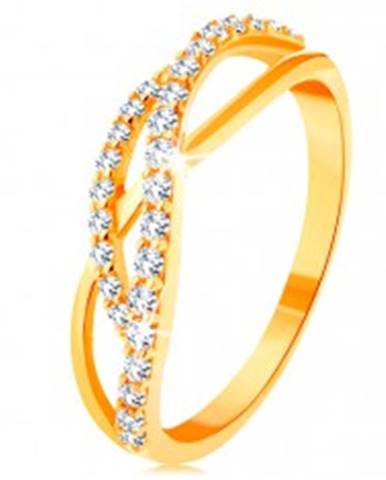Zlatý prsteň 585 - prepletené vlnky - jedna hladká a dve zirkónové - Veľkosť: 49 mm