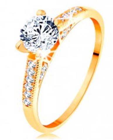 Zlatý prsteň 585 - trblietavé ramená, vyvýšený okrúhly zirkón čírej farby - Veľkosť: 50 mm