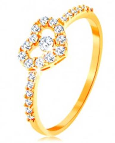 Zlatý prsteň 585 - zirkónové ramená, ligotavý číry obrys srdca so zirkónom - Veľkosť: 49 mm