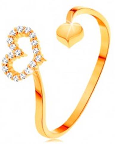 Zlatý prsteň 585 - zvlnené ramená ukončené obrysom srdca a plným srdiečkom - Veľkosť: 50 mm