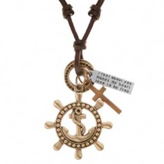Kožený náhrdelník hnedej farby, prívesky - kormidlo s kotvou, kríž, známka