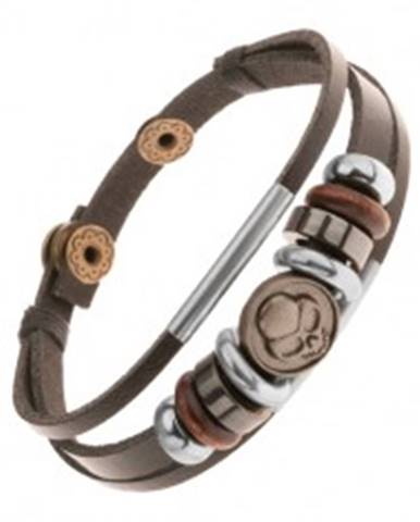 Nastaviteľný kožený náramok z troch pásov, korálky, oceľový kruh s lebkou
