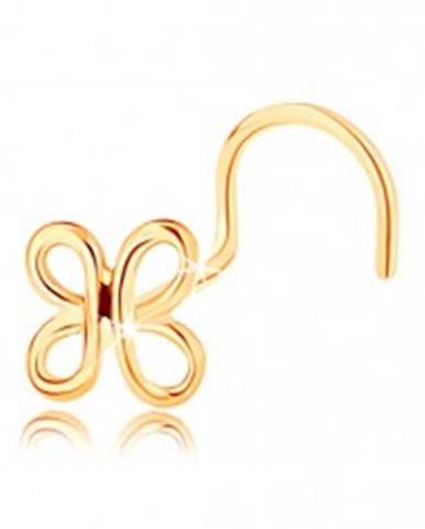 Zahnutý zlatý piercing do nosa 585 - lesklá kontúra motýlika