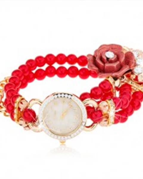 Analógové hodinky, korálkový červený náramok, ciferník so zirkónmi, ruža