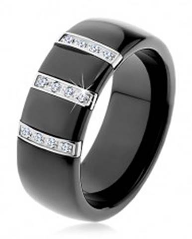 Čierny keramický prsteň s hladkým povrchom, tri oceľové pásy so zirkónmi - Veľkosť: 50 mm