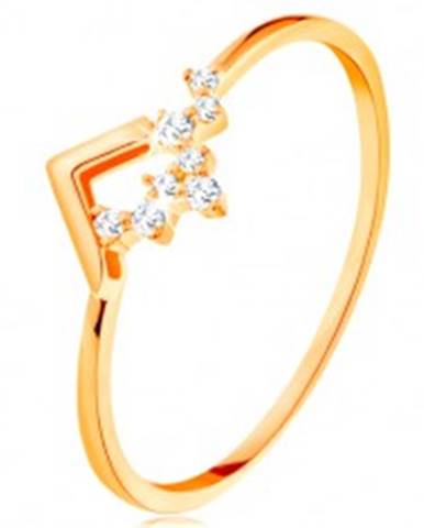 Ligotavý zlatý prsteň 585 - lesklý zalomený pás, drobné číre zirkóniky - Veľkosť: 49 mm