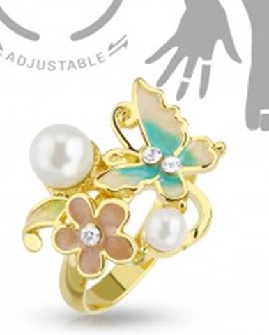 Nastaviteľný prsteň na ruku alebo nohu zlatej farby, motýľ, kvet a perličky