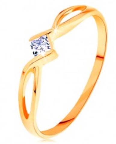 Zlatý prsteň 585 - prepletené rozdvojené ramená, číry zirkónový štvorček - Veľkosť: 49 mm