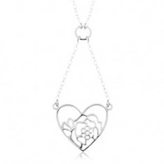 Strieborný náhrdelník 925, retiazka a prívesok - obrys srdca a kvetu