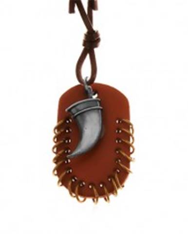 Kožený náhrdelník, prívesky - hnedý ovál s malými krúžkami a zahnutý tesák