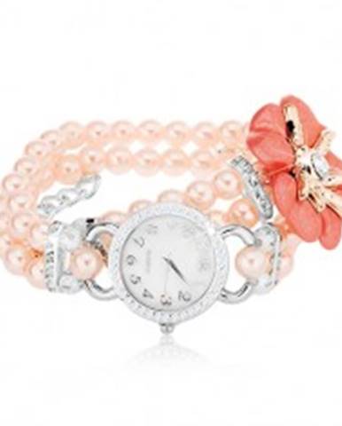 Náramkové hodinky, ciferník so zirkónmi, korálkový ružový náramok, kvet