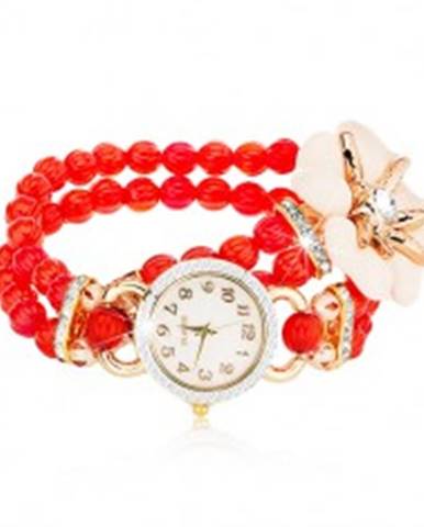 Náramkové hodinky z červených korálok, ciferník so zirkónmi, biely kvet so zirkónom