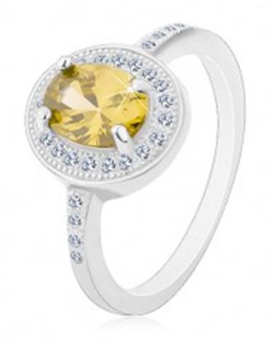 Ródiovaný prsteň, striebro 925, oválny svetlozelený zirkón, číry zirkónový lem - Veľkosť: 49 mm