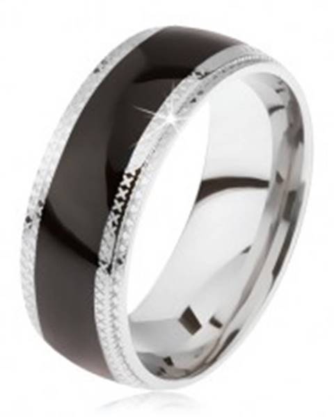 Oceľový prsteň, lesklý čierny stredový pás, ryhované okraje - Veľkosť: 59 mm