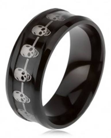Čierny prsteň z ocele 316L, znížený stred s líniou lebiek - Veľkosť: 57 mm