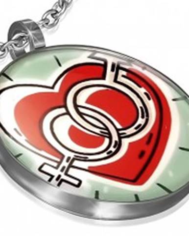 Kruhový prívesok z ocele - srdce so symbolmi muža a ženy