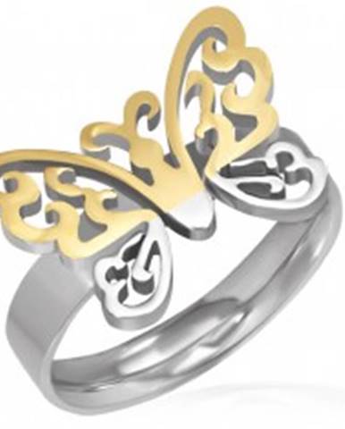 Oceľový prsteň - vyrezávaný motýľ zlato-striebornej farby - Veľkosť: 52 mm