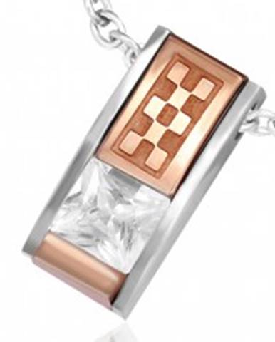 Prívesok z ocele - skosená tehlička so zirkónom a medenou šachovnicou