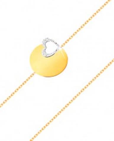 Zlatý 14K náramok - jemná retiazka, lesklý plochý kruh, kontúra srdca z bieleho zlata