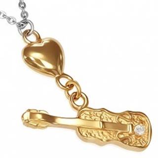 Oceľový náhrdelník - retiazka, srdce zlatej farby a gitara so zirkónom
