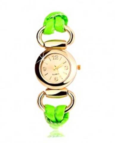 Analógové hodinky, okrúhly ciferník zlatej farby, latexový zelený remienok
