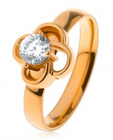 Lesklý oceľový prsteň v zlatom odtieni, obrys kvietka s čírym zirkónom - Veľkosť: 49 mm