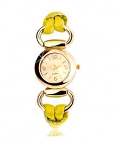 Náramkové hodinky, remienok zo žltého latexu, okrúhly ciferník zlatej farby