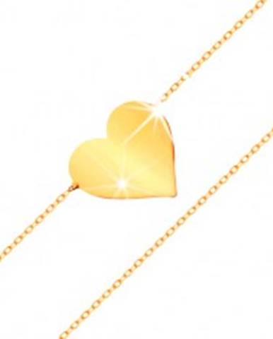 Náramok v žltom 14K zlate - zrkadlovolesklé ploché srdce, ligotavá tenká retiazka