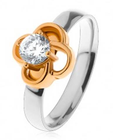 Oceľový prsteň v striebornom odtieni, kvietok zlatej farby s čírym zirkónom - Veľkosť: 49 mm