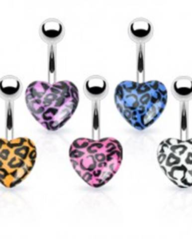 Piercing do pupka z ocele - farebné srdce s leopardím vzorom - Farba piercing: Biela