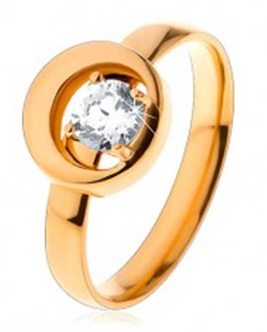 Prsteň z ocele 316L v zlatom odtieni, okrúhly číry zirkón v kruhu s výrezom - Veľkosť: 49 mm