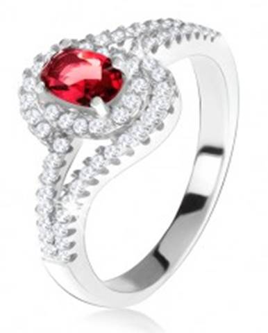 Strieborný 925 prsteň, červený kameň s lemom, zvlnené zirkónové ramená - Veľkosť: 49 mm